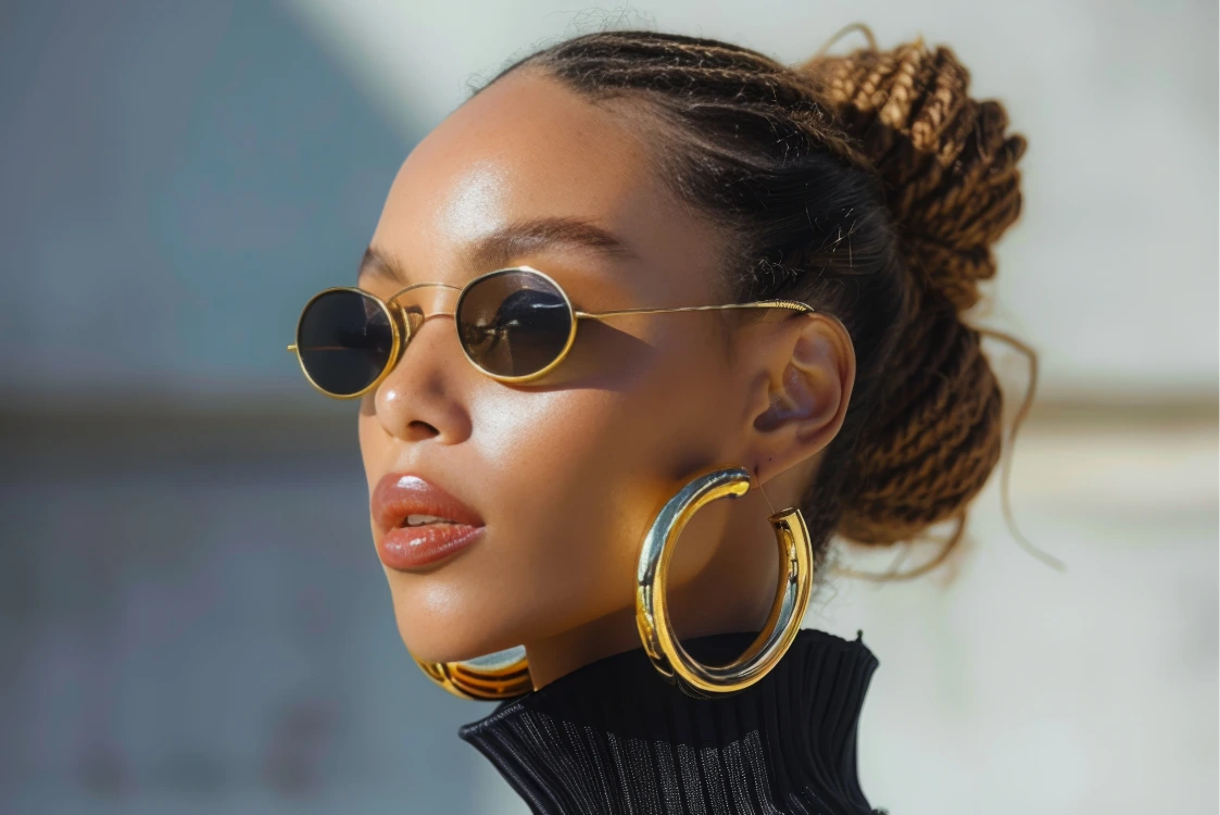 A fashion-forward woman wearing chic accessories — sunglasses, gold jewelry, and a handbag — reflecting Linuelle’s bold elegance.