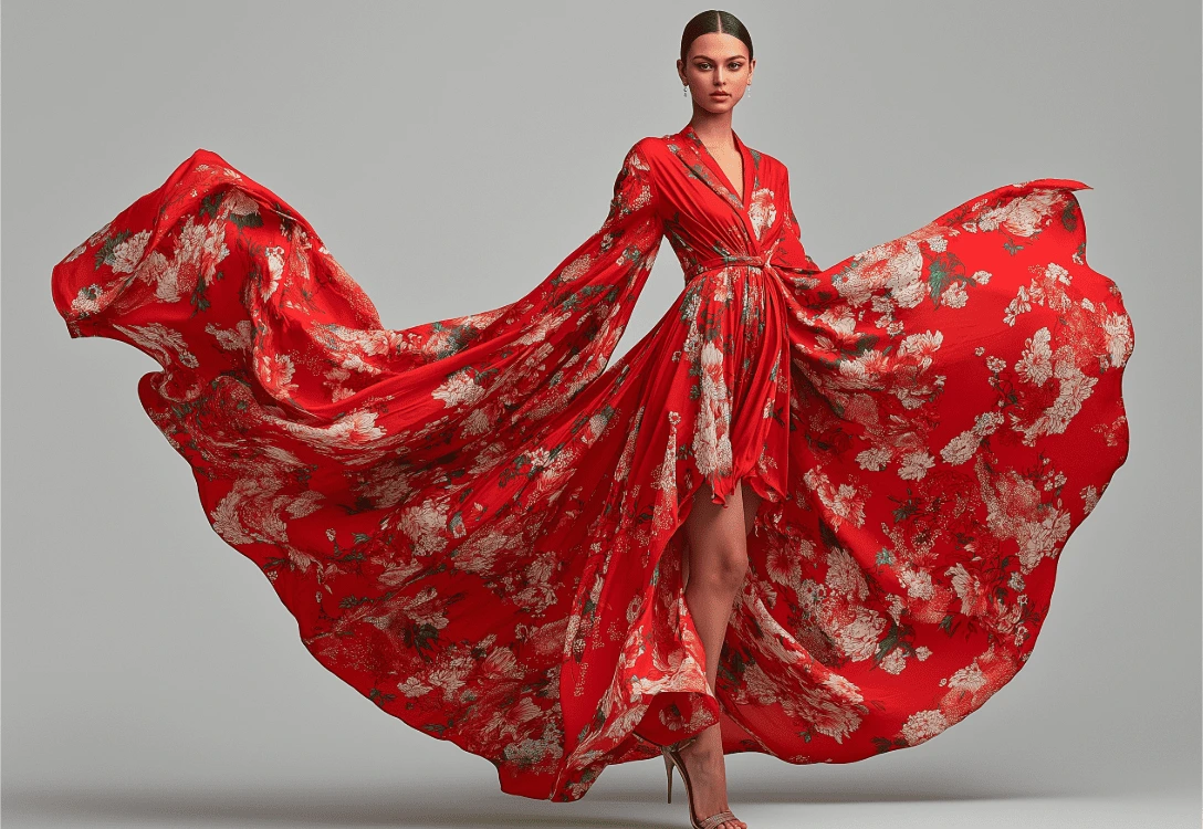 An elegant woman in a flowing red dress standing outdoors with soft lighting — representing confidence and femininity in the Linuelle spirit.
