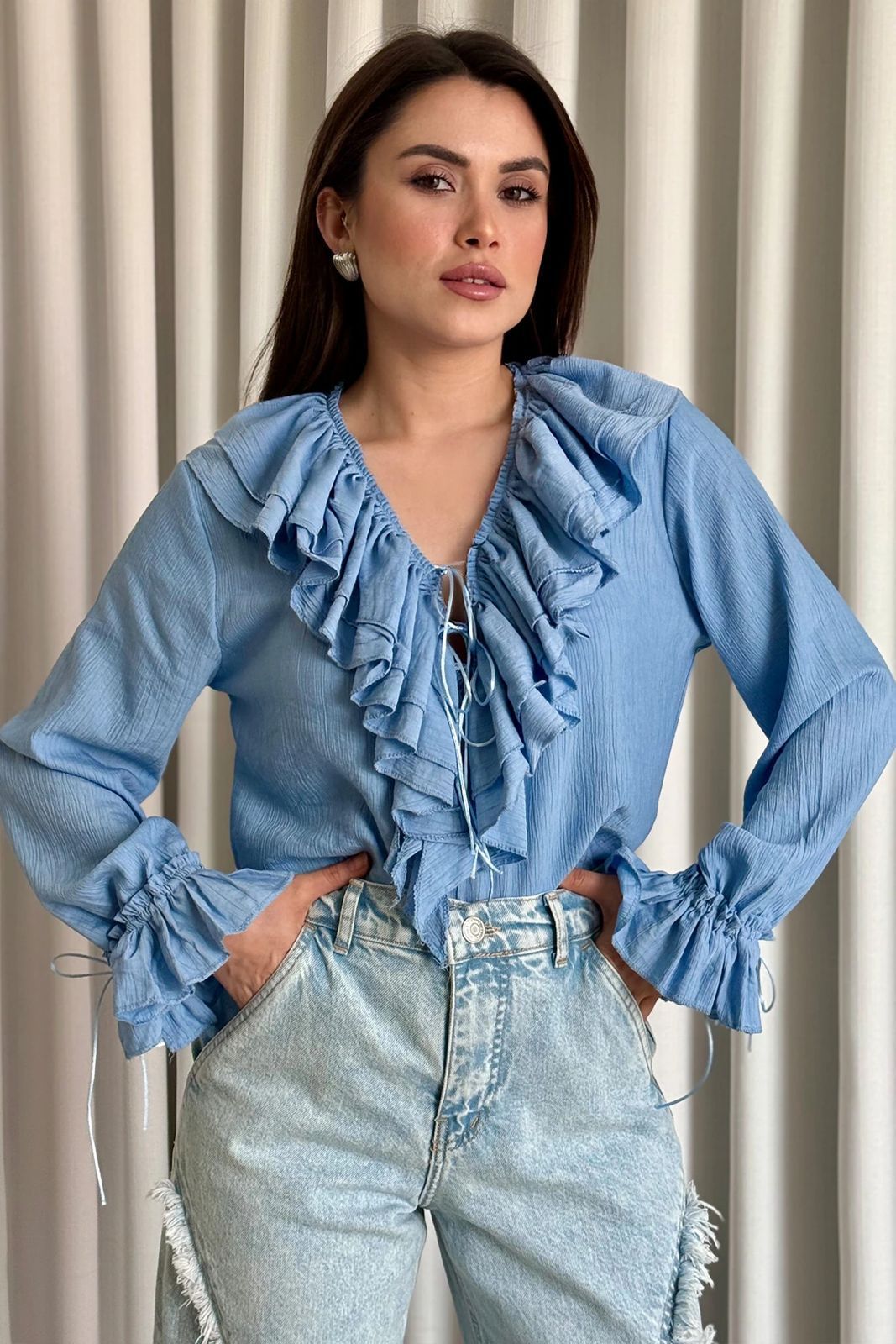 Volanlı Bluz Mavi